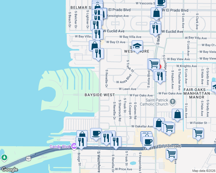 map of restaurants, bars, coffee shops, grocery stores, and more near 4318 South Renellie Drive in Tampa