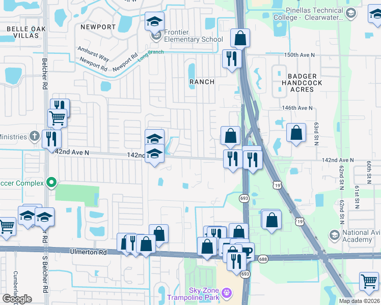 map of restaurants, bars, coffee shops, grocery stores, and more near 7001 142nd Avenue in Largo