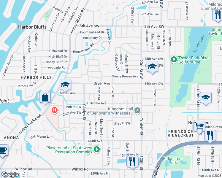 map of restaurants, bars, coffee shops, grocery stores, and more near 1664 Pine Street in Largo