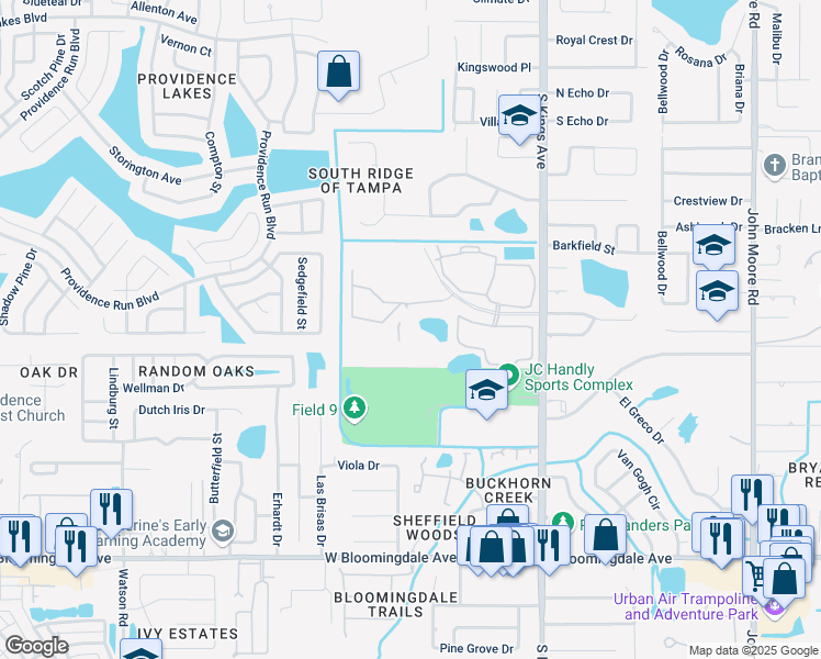 map of restaurants, bars, coffee shops, grocery stores, and more near 825 Providence Trace Circle in Brandon