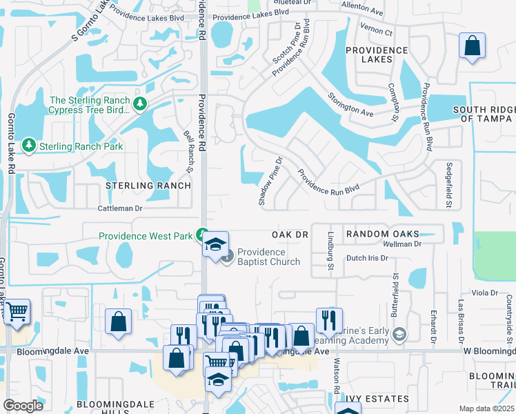 map of restaurants, bars, coffee shops, grocery stores, and more near 2037 Shadow Pine Drive in Brandon