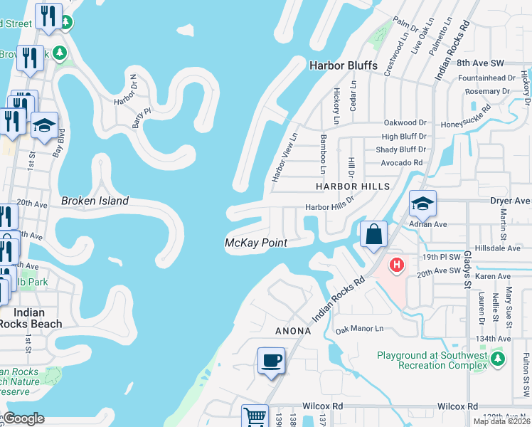 map of restaurants, bars, coffee shops, grocery stores, and more near 1670 Clearwater Harbor Drive in Largo