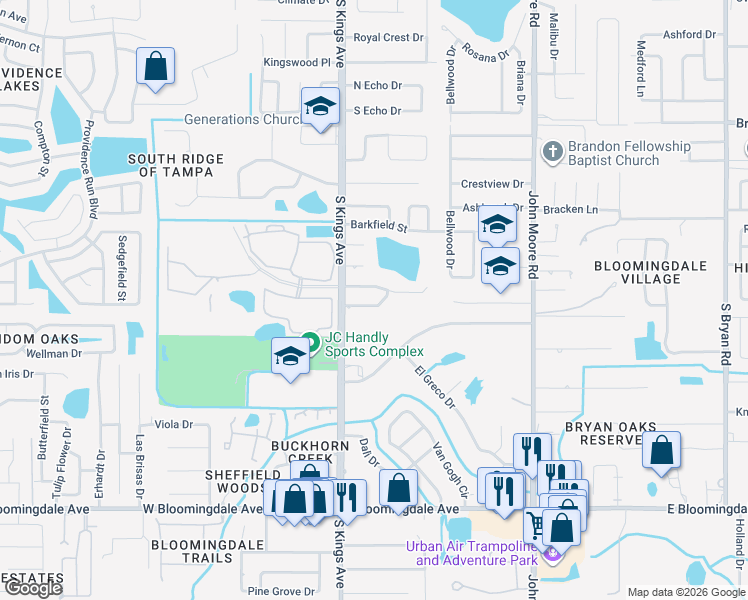 map of restaurants, bars, coffee shops, grocery stores, and more near 608 Princeton Street in Brandon