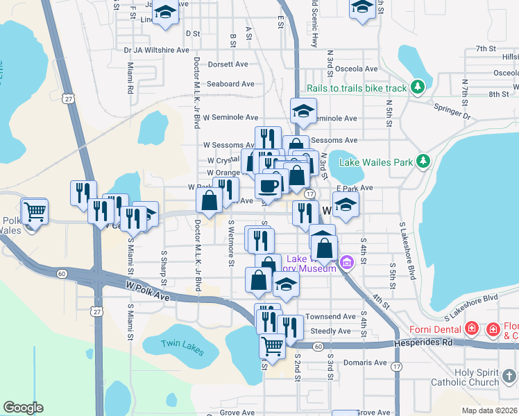 map of restaurants, bars, coffee shops, grocery stores, and more near 115 North 1st Street in Lake Wales