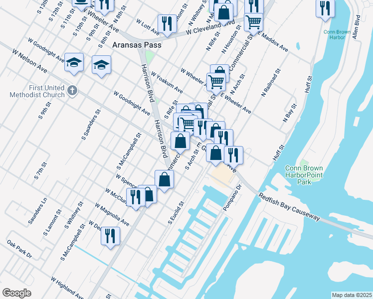 map of restaurants, bars, coffee shops, grocery stores, and more near 101 East Goodnight Avenue in Aransas Pass