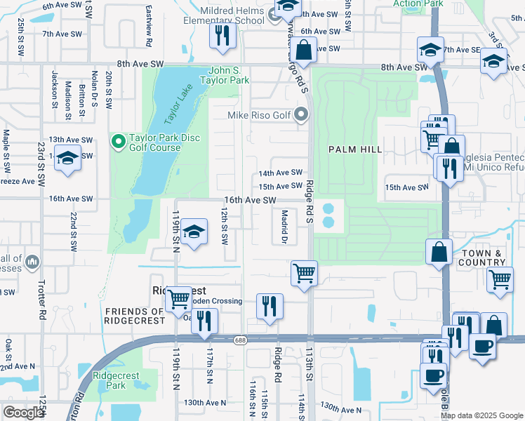 map of restaurants, bars, coffee shops, grocery stores, and more near 1127 17th Avenue Southwest in Largo