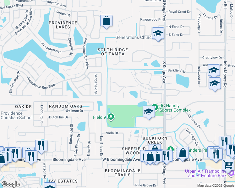 map of restaurants, bars, coffee shops, grocery stores, and more near 2836 Conch Hollow Drive in Brandon