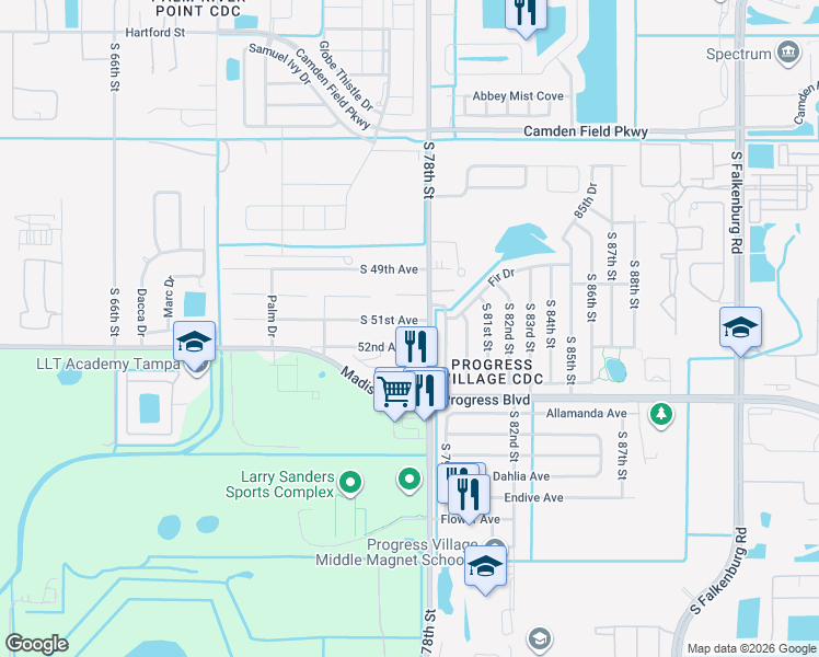 map of restaurants, bars, coffee shops, grocery stores, and more near 7615 South 51st Avenue in Tampa