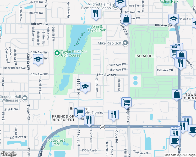 map of restaurants, bars, coffee shops, grocery stores, and more near 1644 10th Way Southwest in Largo