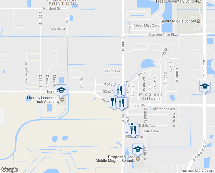 map of restaurants, bars, coffee shops, grocery stores, and more near 7421 South 51st Avenue in Tampa