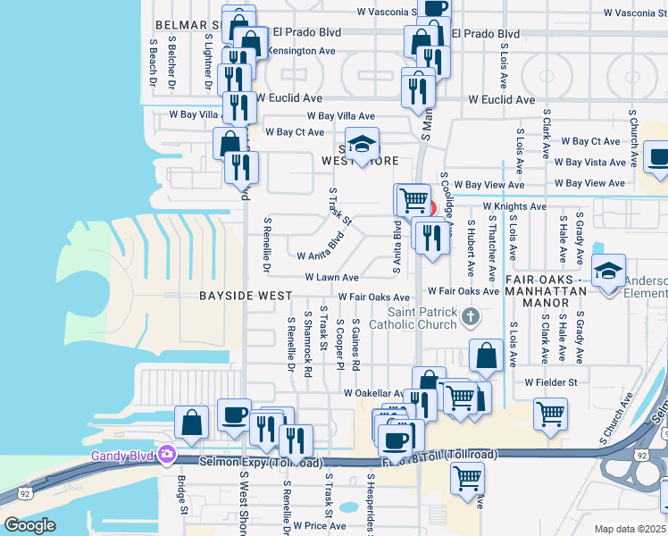 map of restaurants, bars, coffee shops, grocery stores, and more near 4323 South Trask Street in Tampa