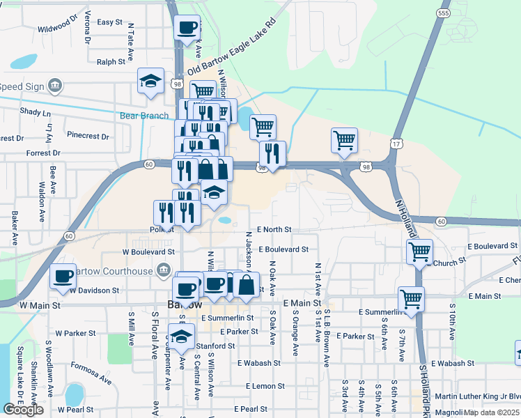 map of restaurants, bars, coffee shops, grocery stores, and more near 650 Travis Court in Bartow