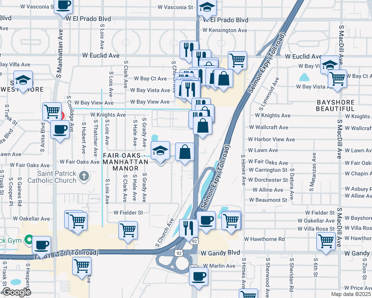 map of restaurants, bars, coffee shops, grocery stores, and more near 4508 South Oak Drive in Tampa