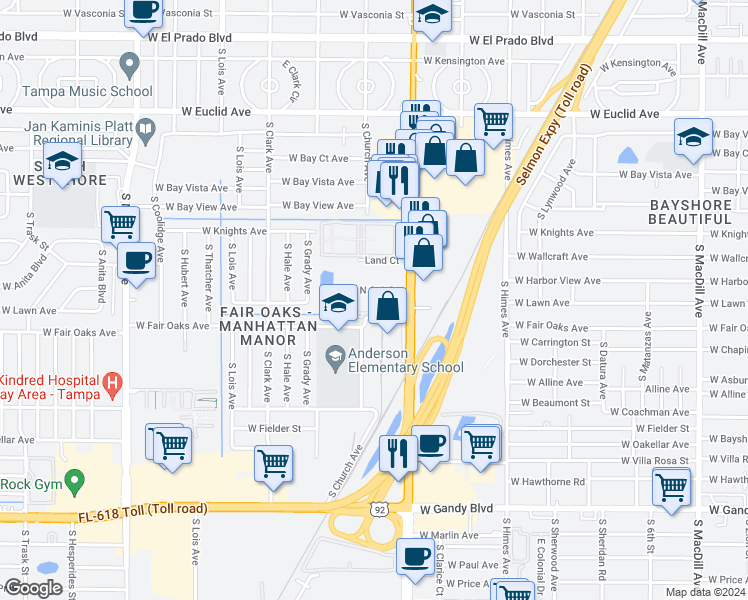 map of restaurants, bars, coffee shops, grocery stores, and more near 4508 South Oak Drive in Tampa
