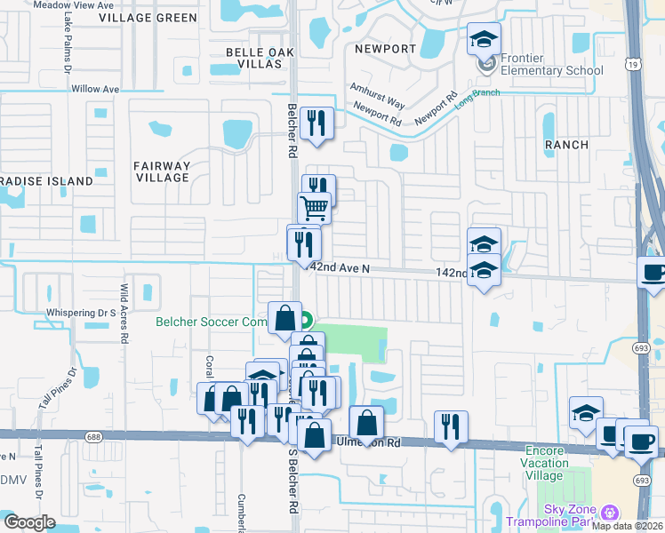 map of restaurants, bars, coffee shops, grocery stores, and more near 4101 142nd Avenue North in Largo