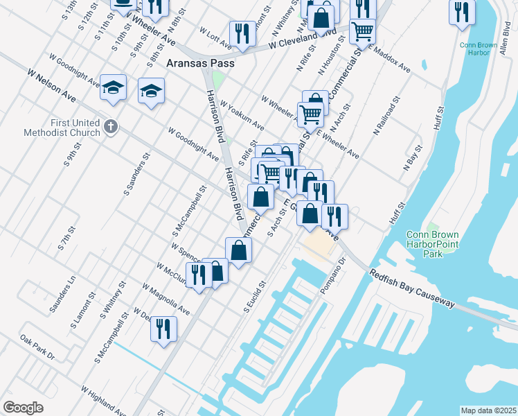 map of restaurants, bars, coffee shops, grocery stores, and more near 462 S Commercial St in Aransas Pass