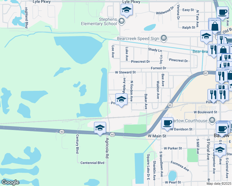 map of restaurants, bars, coffee shops, grocery stores, and more near 1430 Bryant Street in Bartow