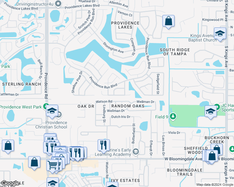 map of restaurants, bars, coffee shops, grocery stores, and more near 1425 High Knoll Drive in Brandon