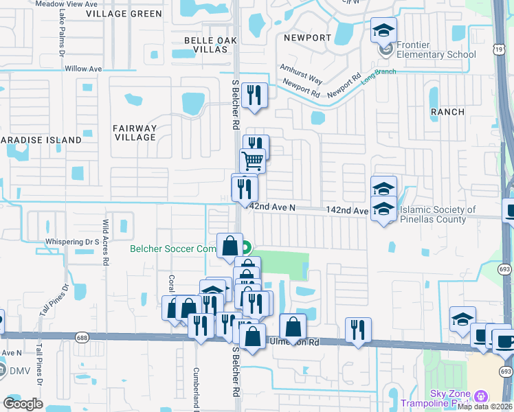 map of restaurants, bars, coffee shops, grocery stores, and more near 7744 142nd Avenue North in Largo