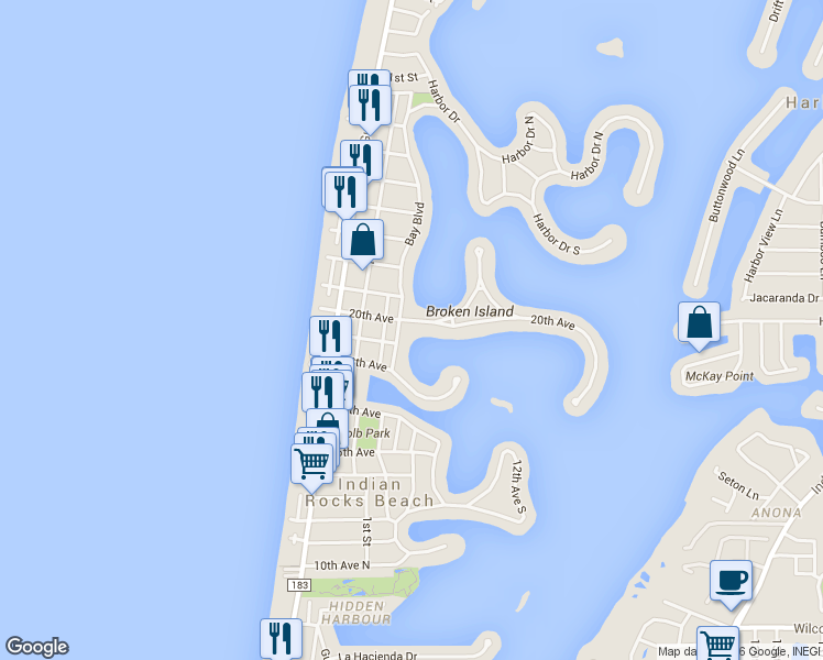 map of restaurants, bars, coffee shops, grocery stores, and more near 405 20th Avenue in Indian Rocks Beach
