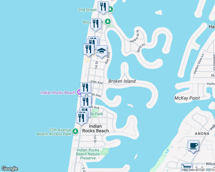 map of restaurants, bars, coffee shops, grocery stores, and more near 407 20th Avenue in Indian Rocks Beach