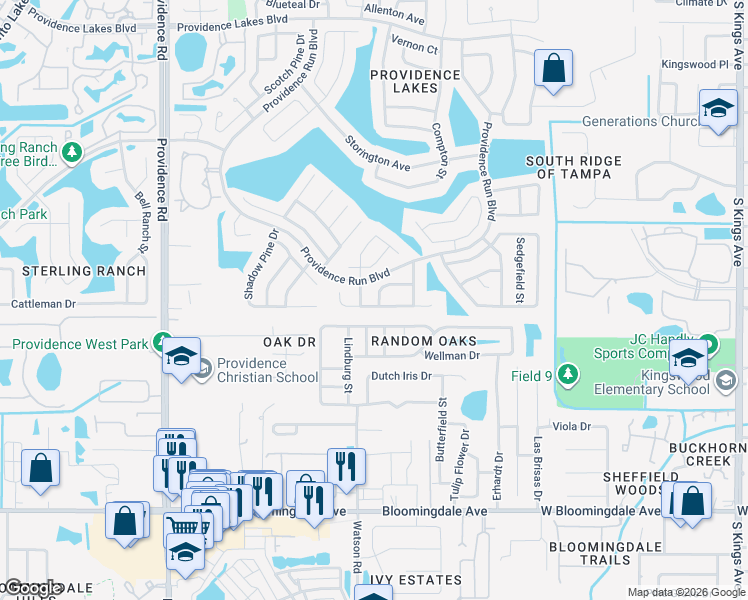 map of restaurants, bars, coffee shops, grocery stores, and more near 1423 Cloverfield Drive in Brandon