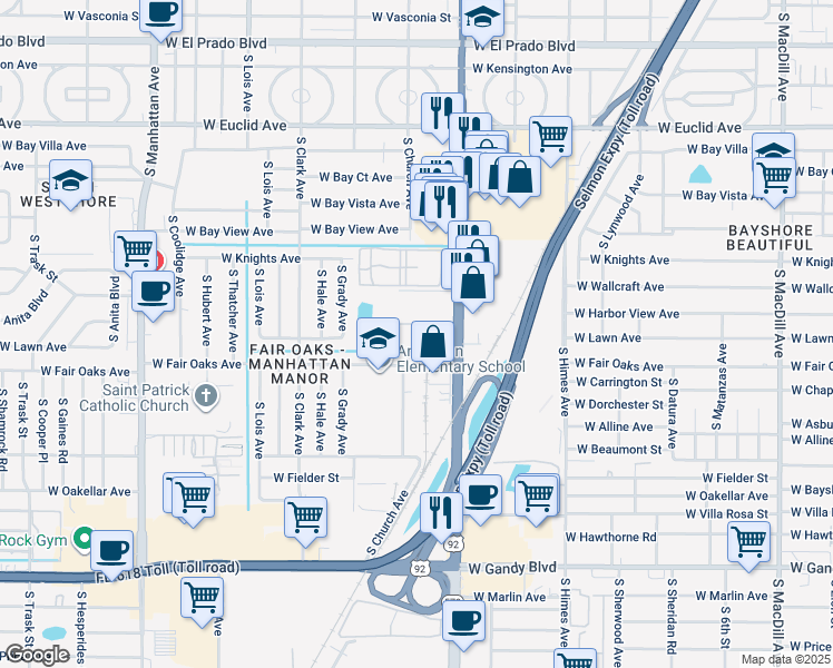 map of restaurants, bars, coffee shops, grocery stores, and more near 4508 South Oak Drive in Tampa