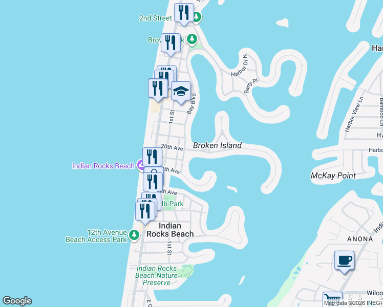 map of restaurants, bars, coffee shops, grocery stores, and more near 407 20th Avenue in Indian Rocks Beach