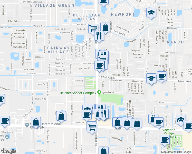 map of restaurants, bars, coffee shops, grocery stores, and more near 1552 Belcher Road in Largo