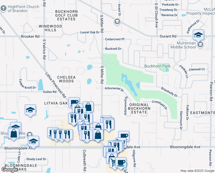 map of restaurants, bars, coffee shops, grocery stores, and more near 2408 Arborwood Drive in Valrico