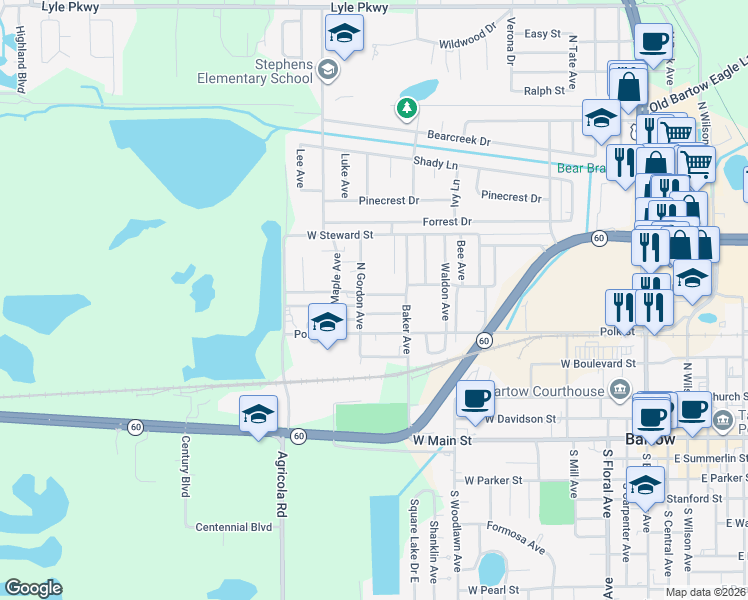 map of restaurants, bars, coffee shops, grocery stores, and more near 1145 Austin Street in Bartow