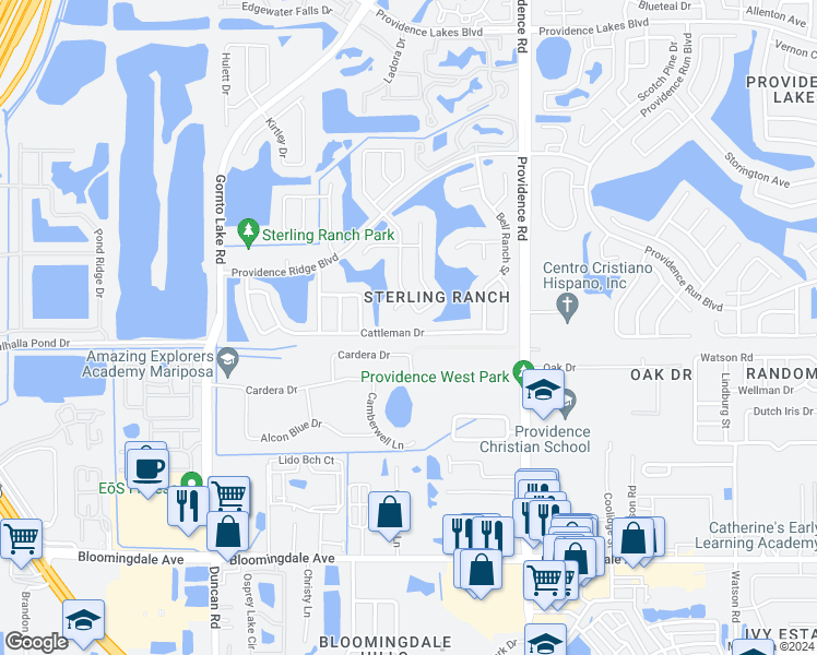 map of restaurants, bars, coffee shops, grocery stores, and more near 2107 Cattleman Drive in Brandon