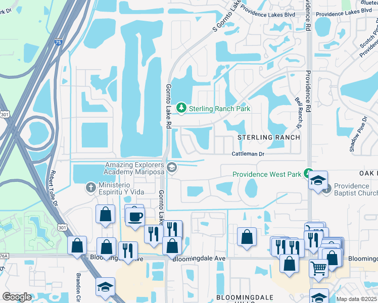map of restaurants, bars, coffee shops, grocery stores, and more near 2034 Wrangler Drive in Brandon