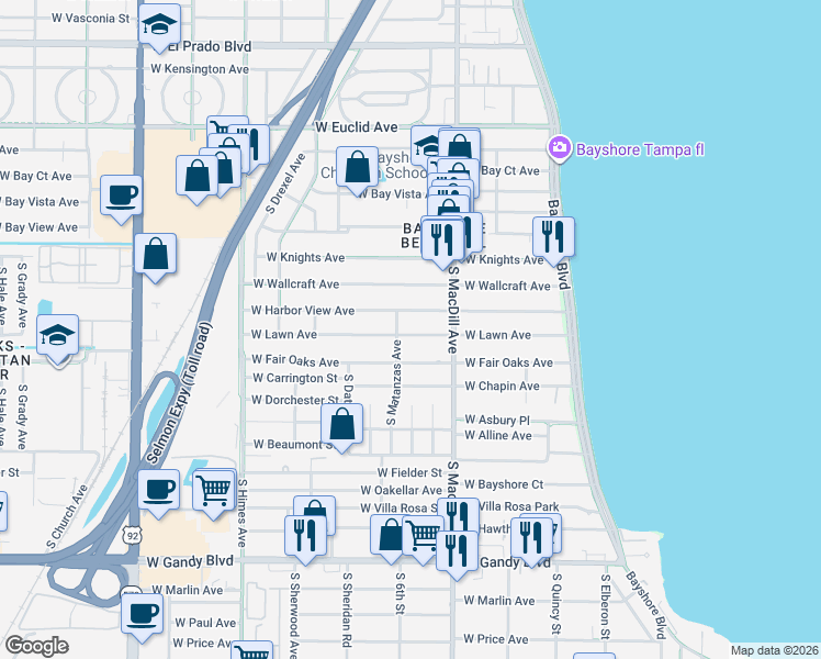 map of restaurants, bars, coffee shops, grocery stores, and more near 3117 West Lawn Avenue in Tampa