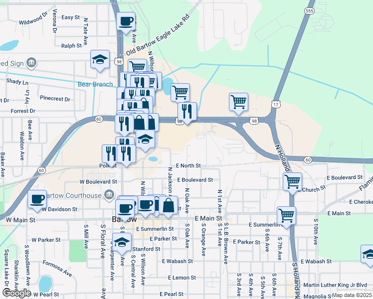 map of restaurants, bars, coffee shops, grocery stores, and more near 650 Travis Court in Bartow