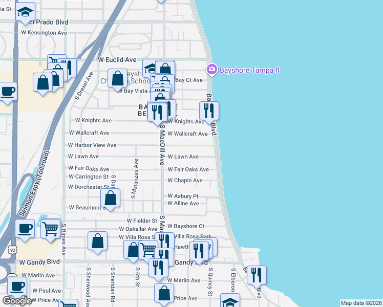 map of restaurants, bars, coffee shops, grocery stores, and more near 2929 West Lawn Avenue in Tampa