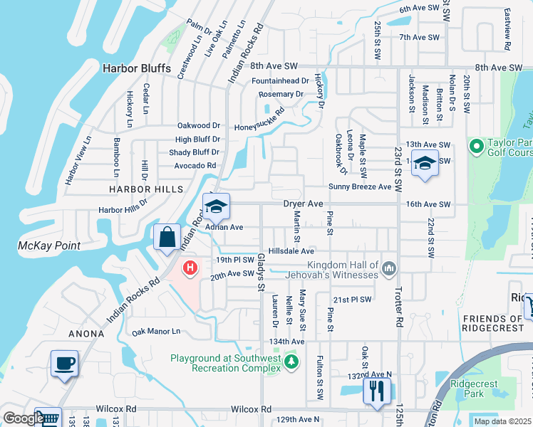 map of restaurants, bars, coffee shops, grocery stores, and more near 1635 Gladys Street in Largo