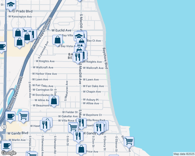 map of restaurants, bars, coffee shops, grocery stores, and more near 2929 West Lawn Avenue in Tampa