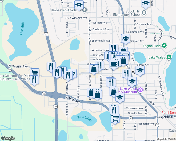 map of restaurants, bars, coffee shops, grocery stores, and more near 200 West Central Avenue in Lake Wales