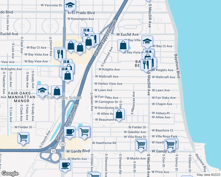 map of restaurants, bars, coffee shops, grocery stores, and more near 3301 West Lawn Avenue in Tampa