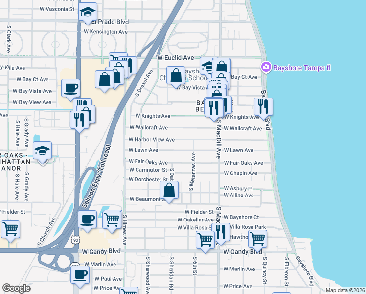map of restaurants, bars, coffee shops, grocery stores, and more near 3209 West Lawn Avenue in Tampa