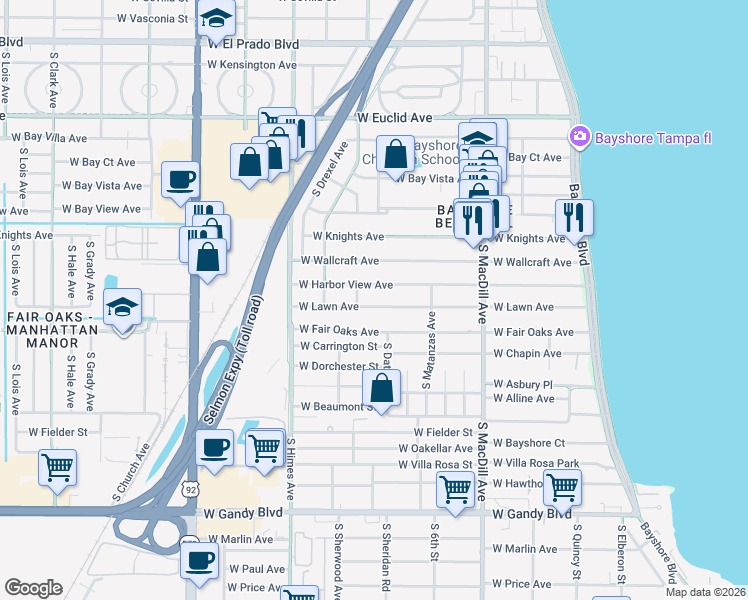 map of restaurants, bars, coffee shops, grocery stores, and more near 3227 West Lawn Avenue in Tampa