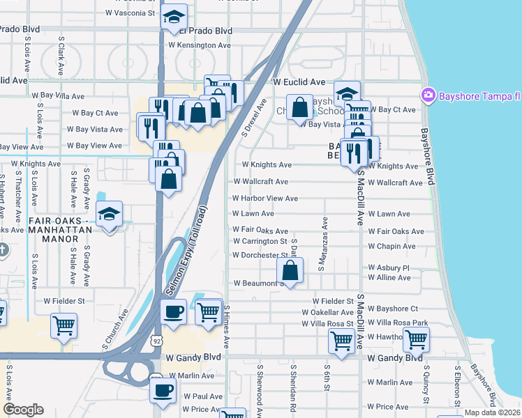 map of restaurants, bars, coffee shops, grocery stores, and more near 3307 West Lawn Avenue in Tampa