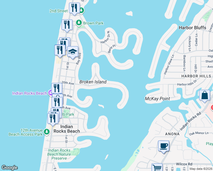 map of restaurants, bars, coffee shops, grocery stores, and more near 461 20th Ave in Indian Rocks Beach