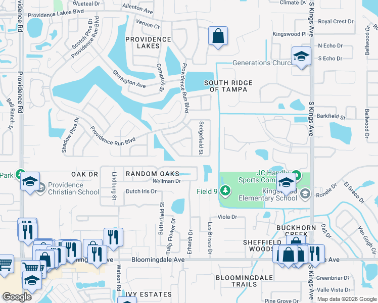 map of restaurants, bars, coffee shops, grocery stores, and more near 2013 Bridgehampton Place in Brandon