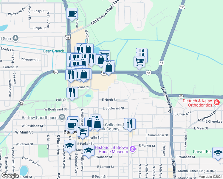 map of restaurants, bars, coffee shops, grocery stores, and more near 730 North Oak Avenue in Bartow