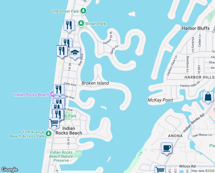 map of restaurants, bars, coffee shops, grocery stores, and more near 461 20th Avenue in Indian Rocks Beach
