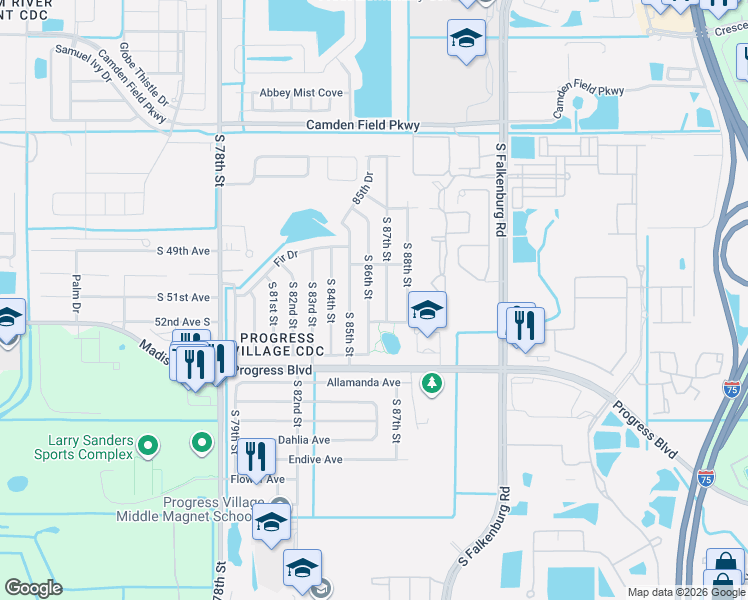 map of restaurants, bars, coffee shops, grocery stores, and more near 5020 South 86th Street in Tampa
