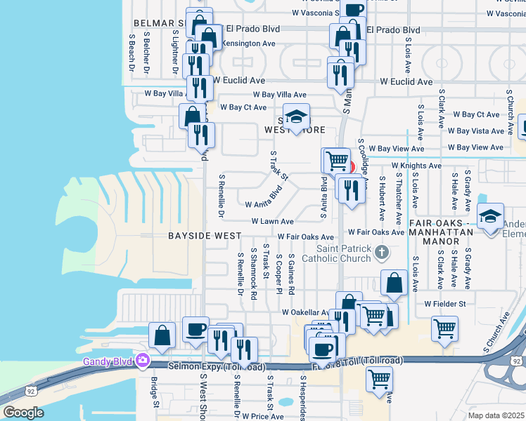 map of restaurants, bars, coffee shops, grocery stores, and more near 4323 South Trask Street in Tampa