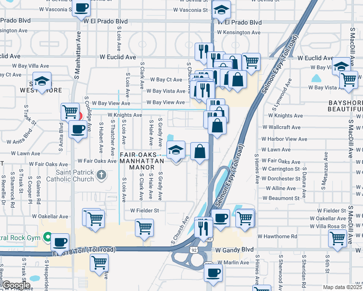 map of restaurants, bars, coffee shops, grocery stores, and more near 3812 North Oak Drive in Tampa